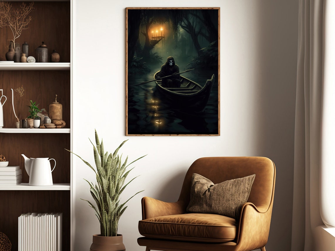 Grim Reaper Rowing A Boat On The Dark Misty River Gothic Poster - Image 4