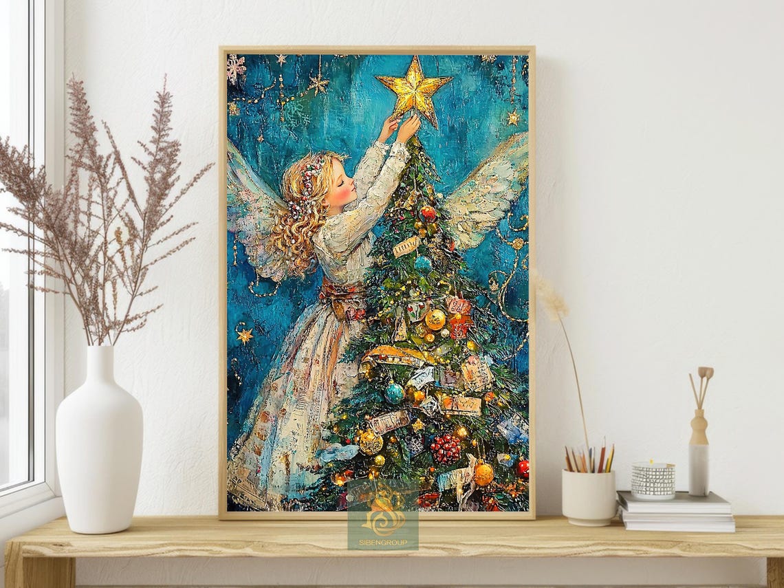 Little Angel Placing Gold Star on Christmas Tree Blue Night Poster - Image 4