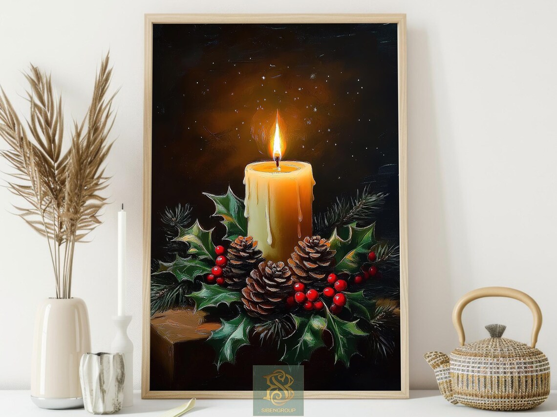 Vintage Christmas Candles and Pinecone Art Print - Image 3