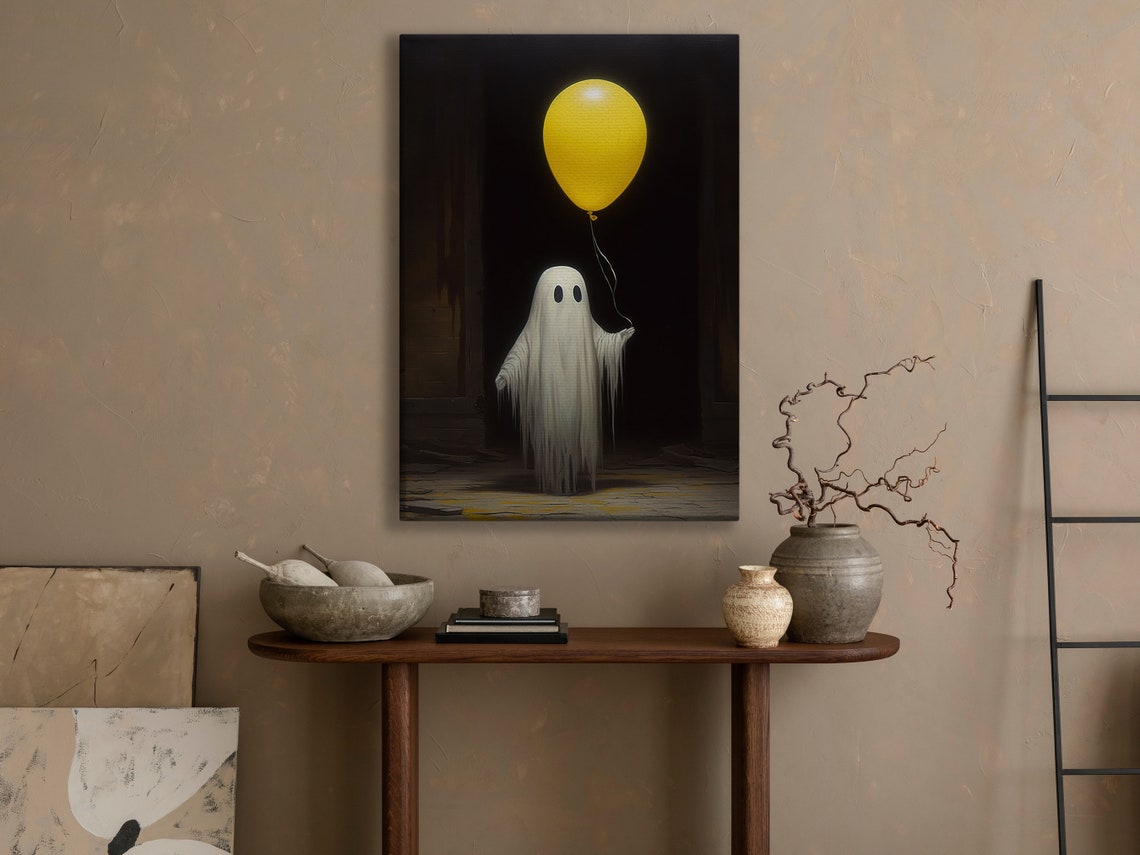 Cute Ghost Holding Yellow Balloon Dark Gothic Halloween Art Poster - Image 3