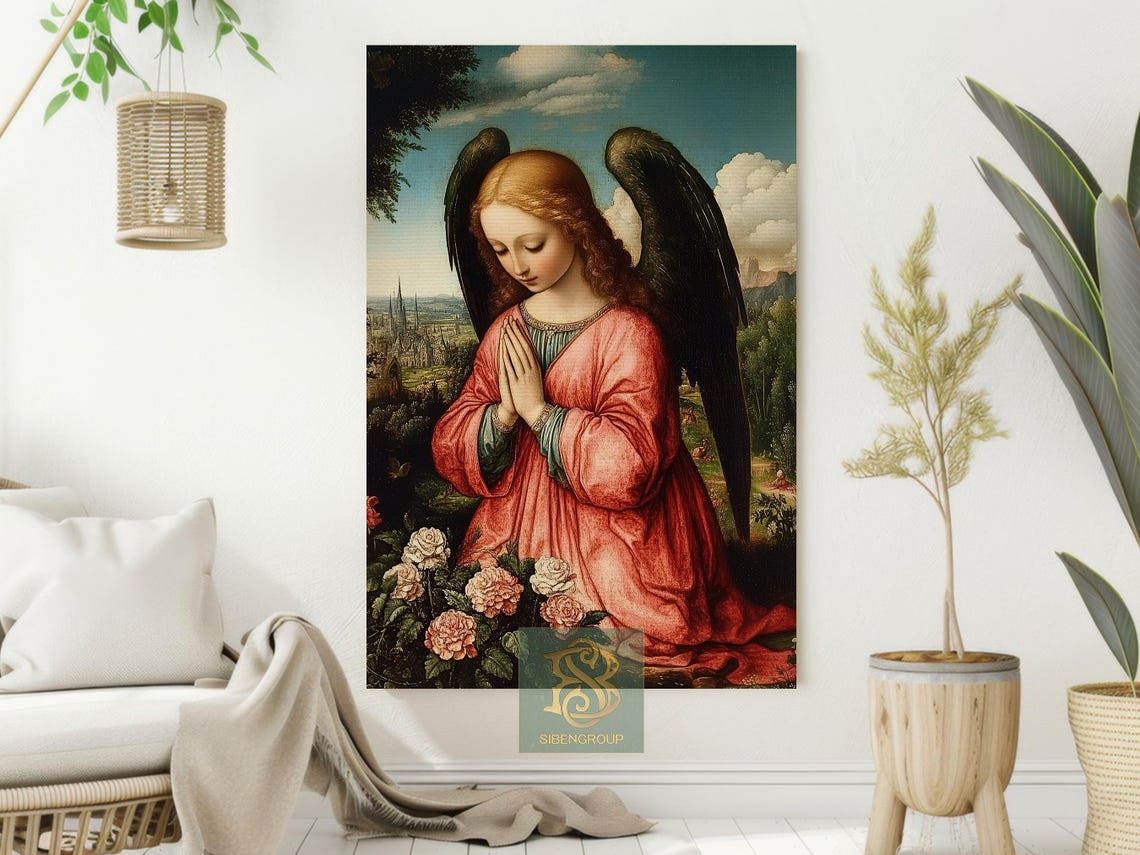 Praying Angel With Dark Wings Among Roses Vintage Religious Poster - Image 2