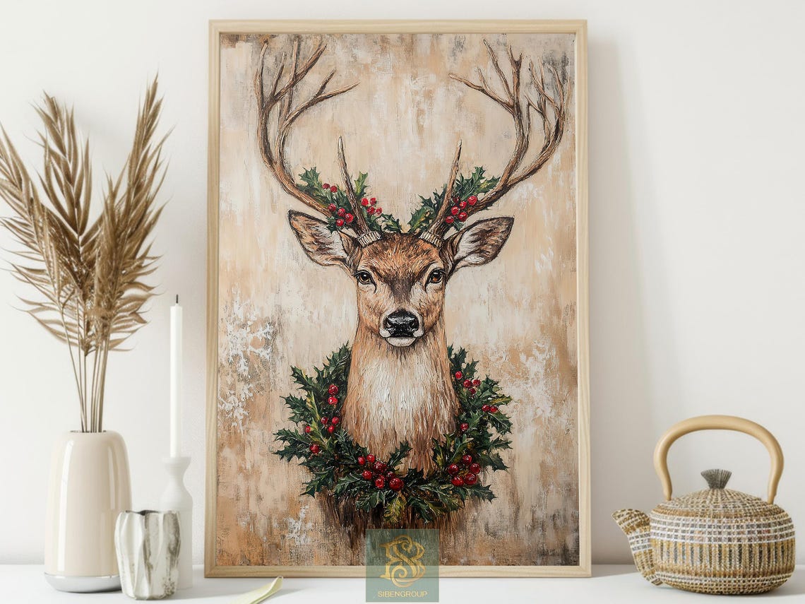 Reindeer Portrait With Holly Berry Wreath Rustic Christmas Art Print - Image 3