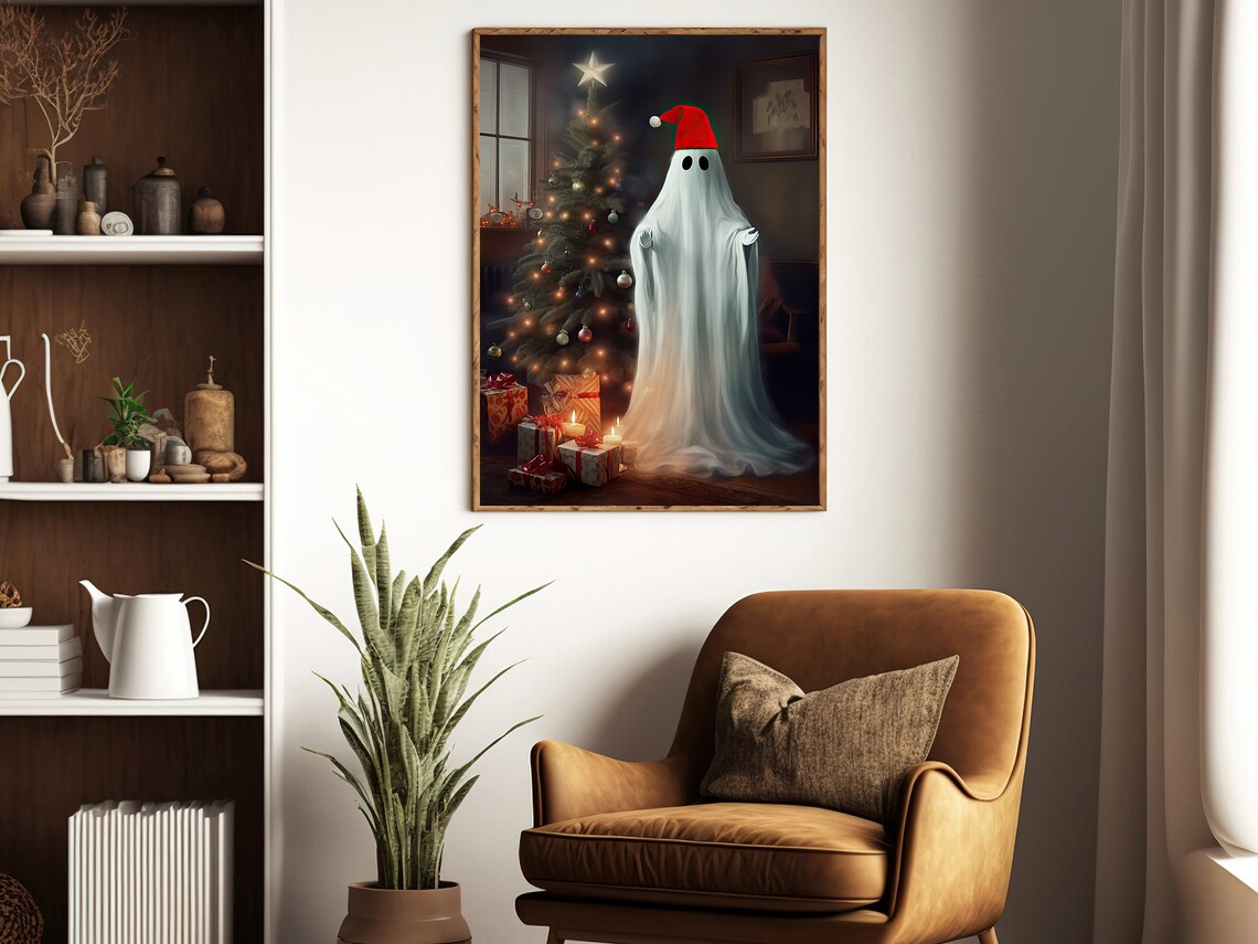 Christmas Ghost Beside Xmas Tree, Dark Gothic Art Print - Image 4