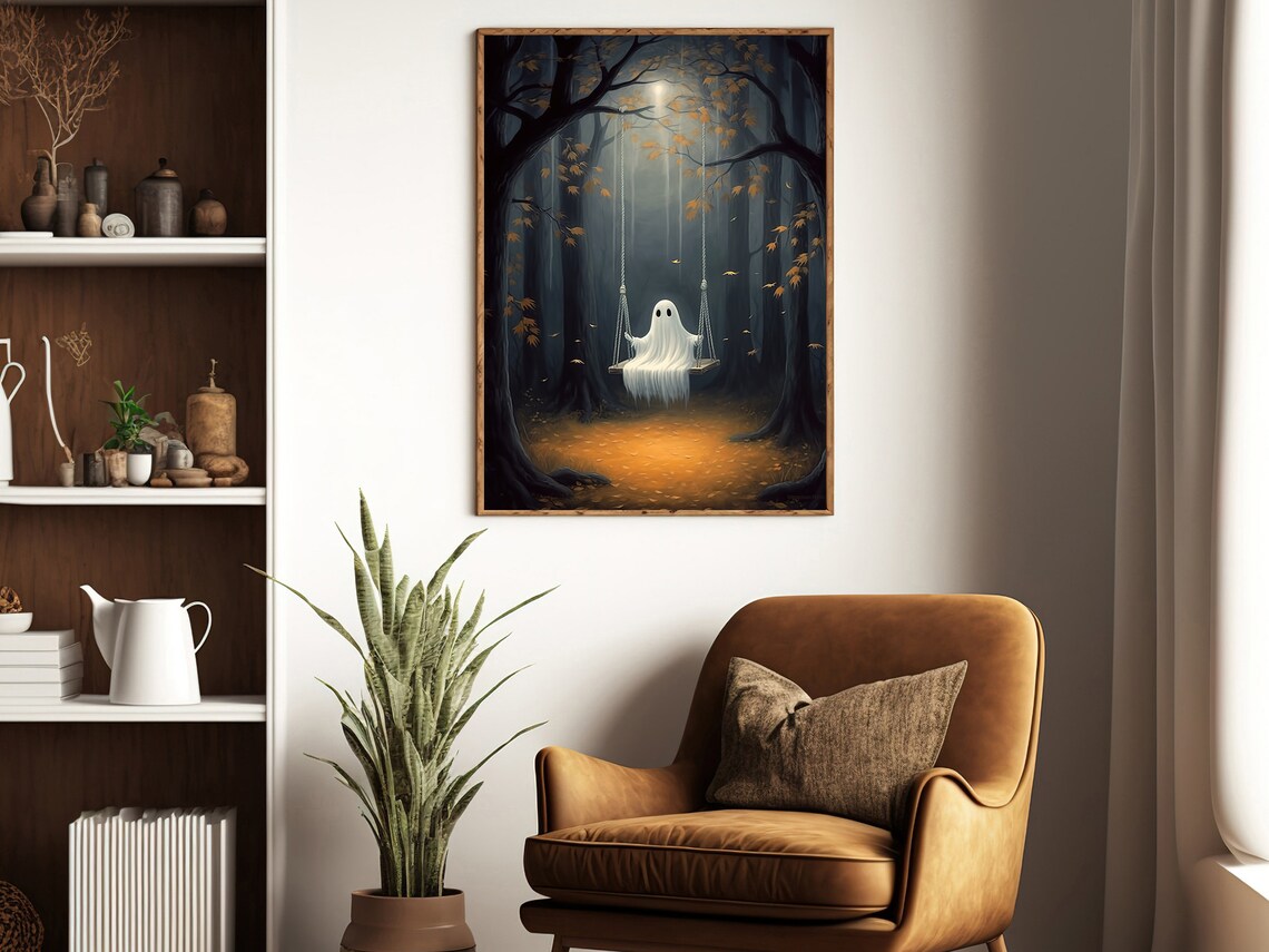 Cute Ghost On Swing Misty Autumn Forest Moonlit Halloween Painting Poster - Image 2