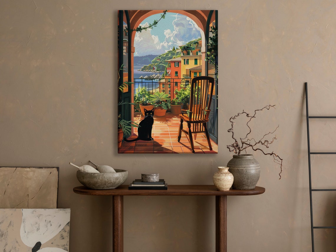 Black Cat On Italian Terrace Overlooking Coastal Town Travel Poster - Image 2