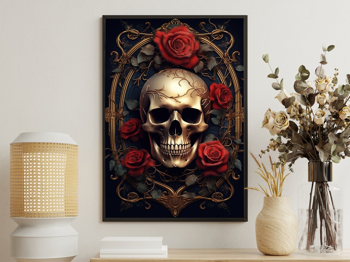Golden Baroque Skull Framed By Red Roses Dark Elegant Gothic Vintage Wall Art