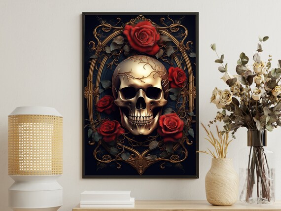 Golden Baroque Skull Framed By Red Roses Dark Elegant Gothic Vintage Wall Art