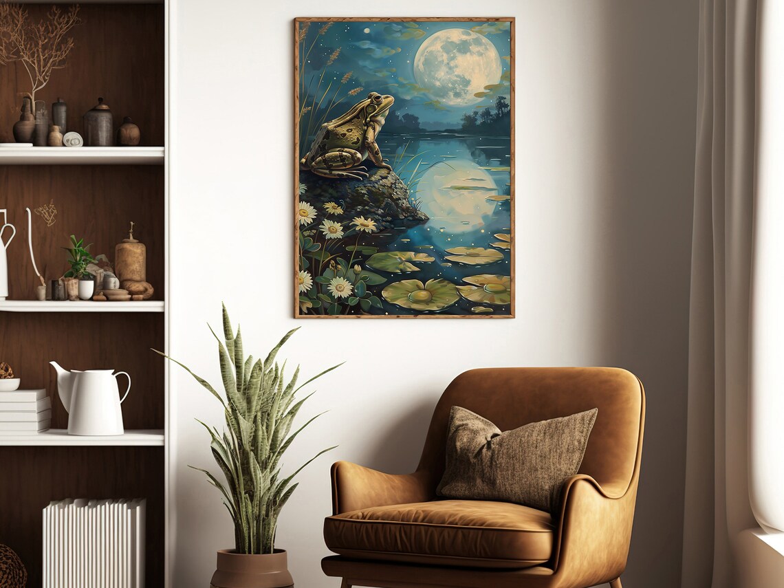 Toad On Rock Moonlit Pond Lily Pads Full Moon Art Nouveau Night Art Poster - Image 4