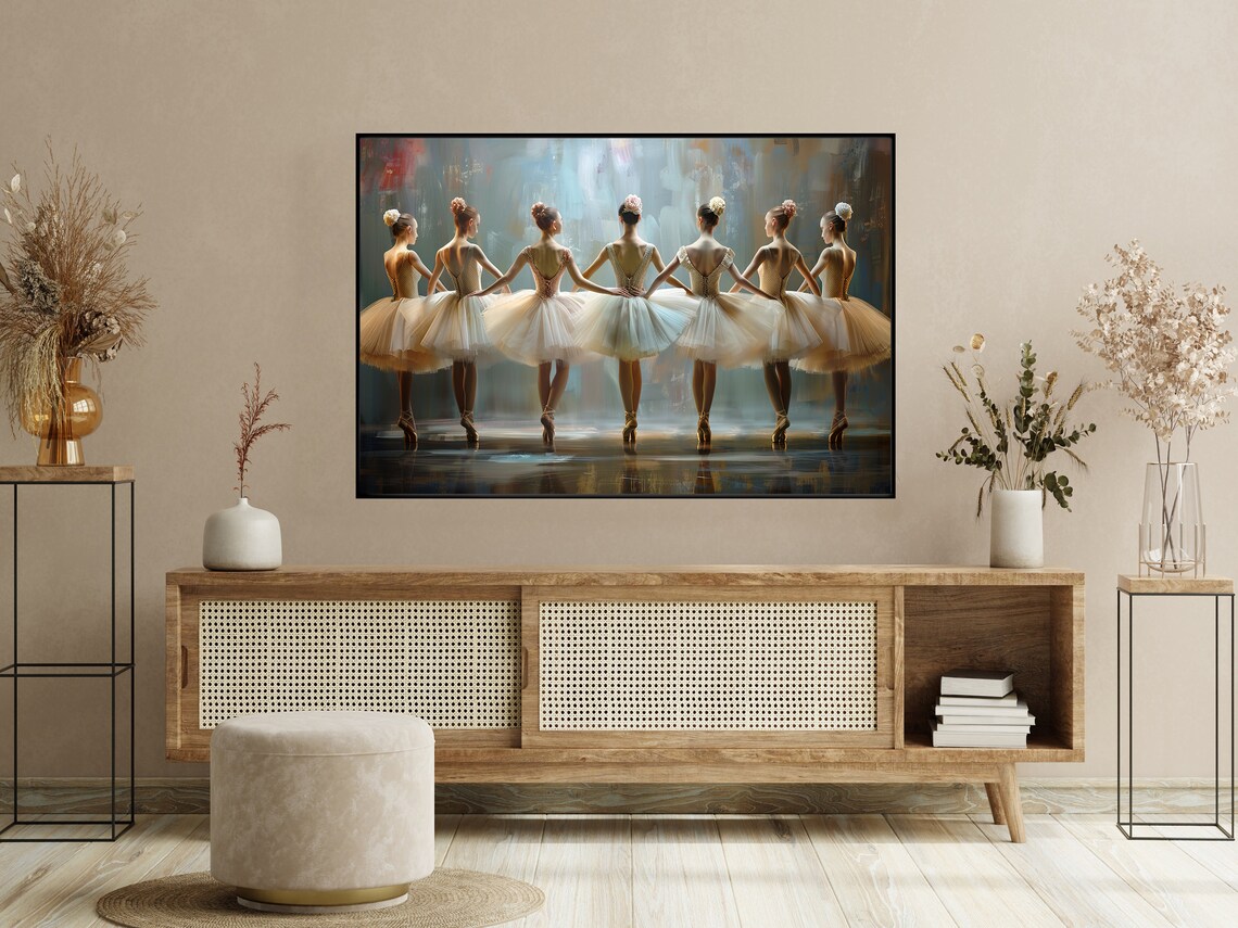 Seven Ballerinas in White Tutus from Behind Impressionistic Ballet Stage Poster - Image 3