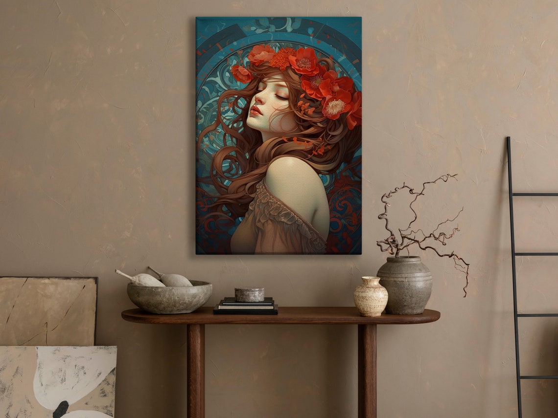 Dreamy Art Nouveau Beauty With Poppies In Flowing Brown Hair Poster - Image 4