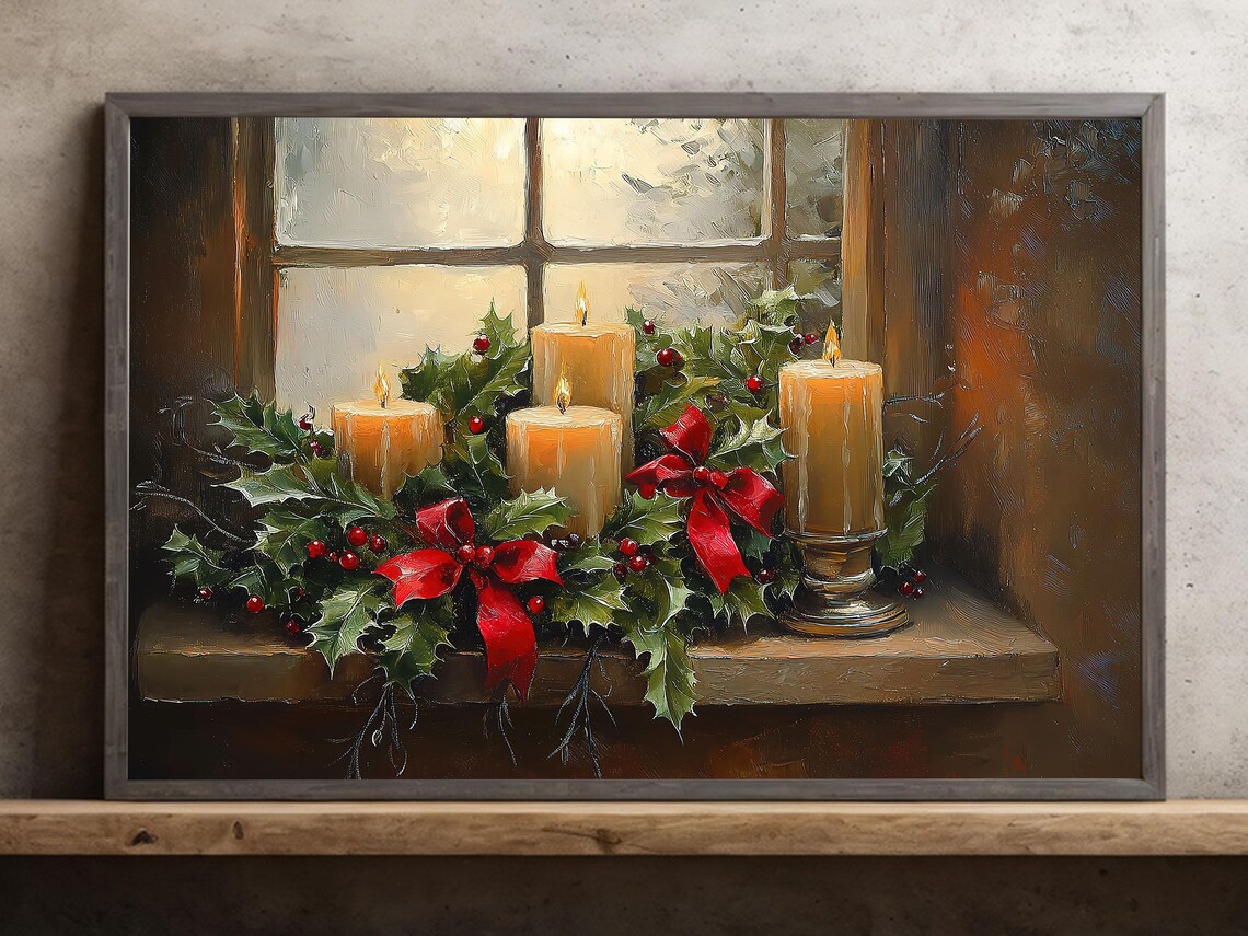 Cozy Christmas Candles, Rustic Winter Art Print