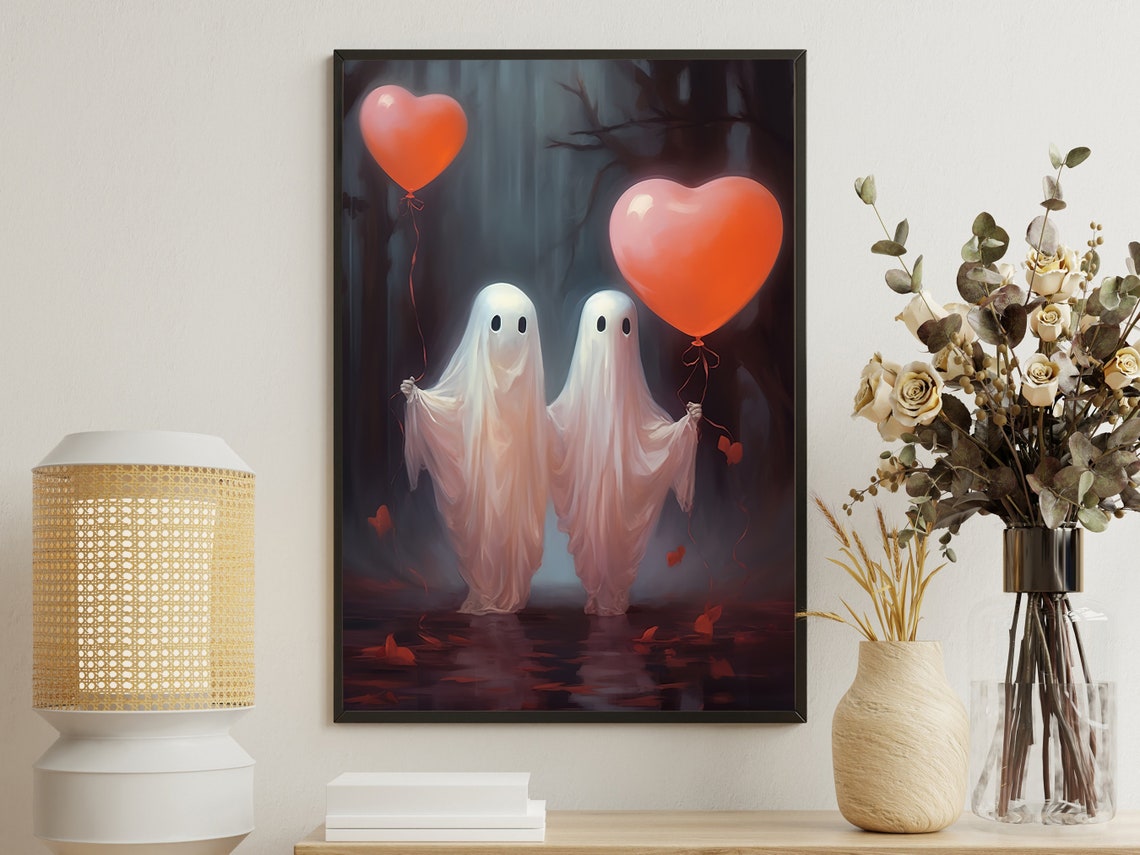 Two Ghosts Red Heart Balloons Valentine Spooky Love Art Poster