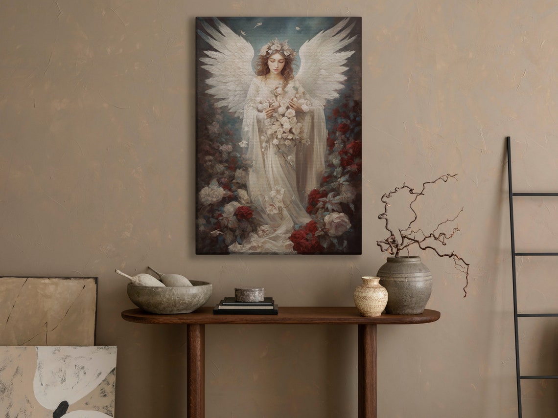 Vintage Angel With White Wings Holding Roses Romantic Floral Print - Image 3