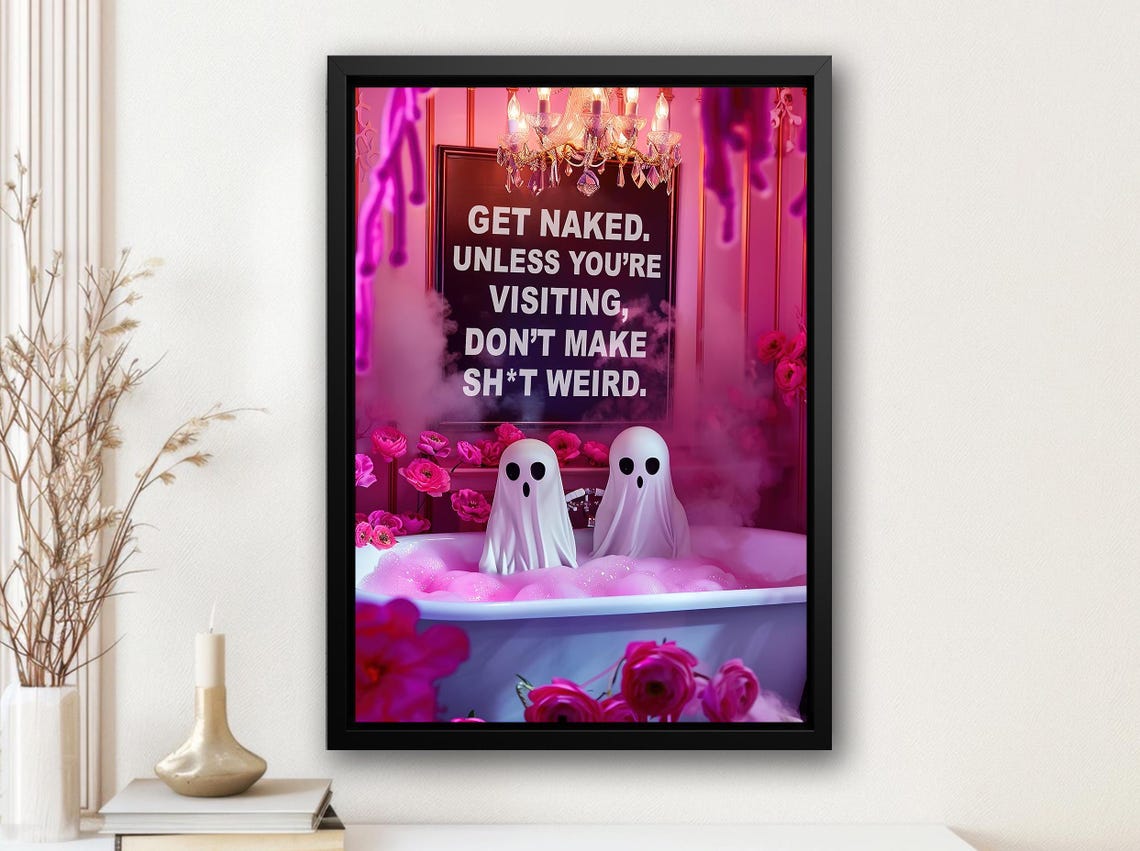 Cute Couple Ghost In Bathtub Print Dark Ghost Poster Print Halloween Wall Art Halloween Bathroom Decor
