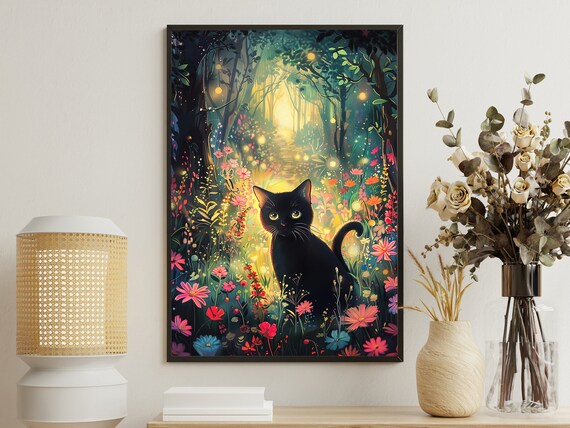 Black Cat In Enchanted Flower Forest Glowing Lights Magical Night Art Poster
