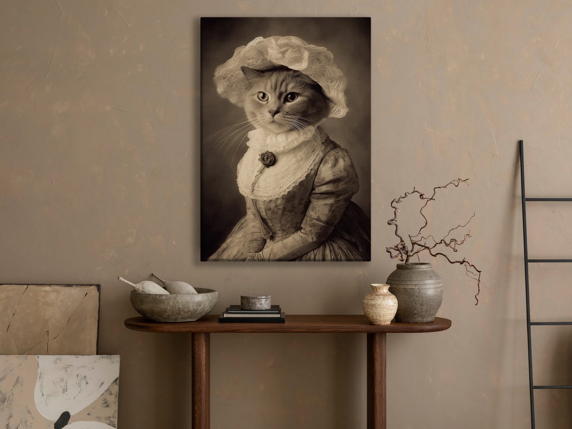 Victorian Cat Lady Sepia Photo Lace Bonnet Antique Art Poster - Image 4