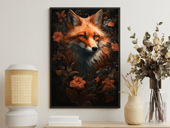 Red Fox Portrait Among Dark Florals Dramatic Wildlife Art Print