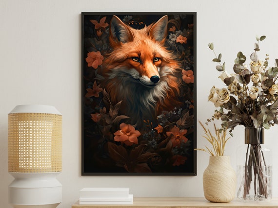 Vintage Floral Fox Painting Cottage Fox Art Print Fox Print Gothic Art Print Animals Art Print Rustic Flowers Poster Print