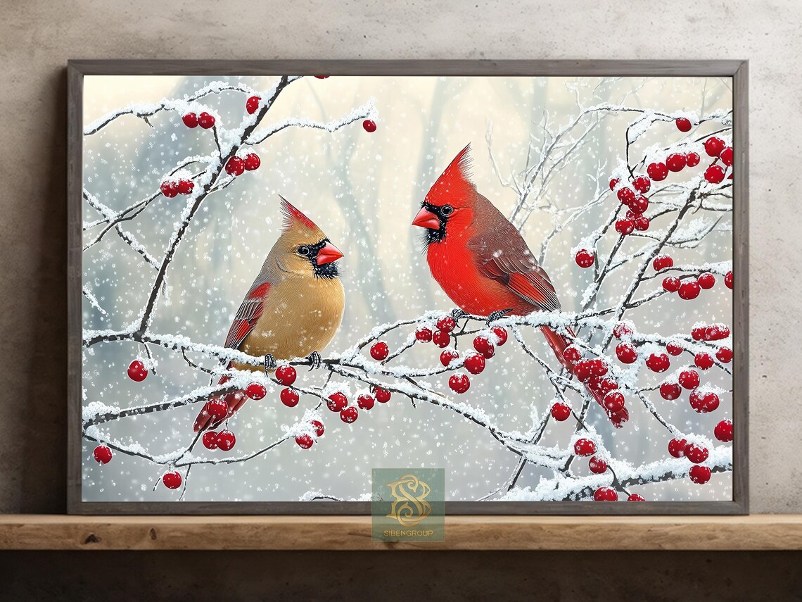 Pair Of Cardinals Snowy Berry Branches Winter Bird Painting Wall Art