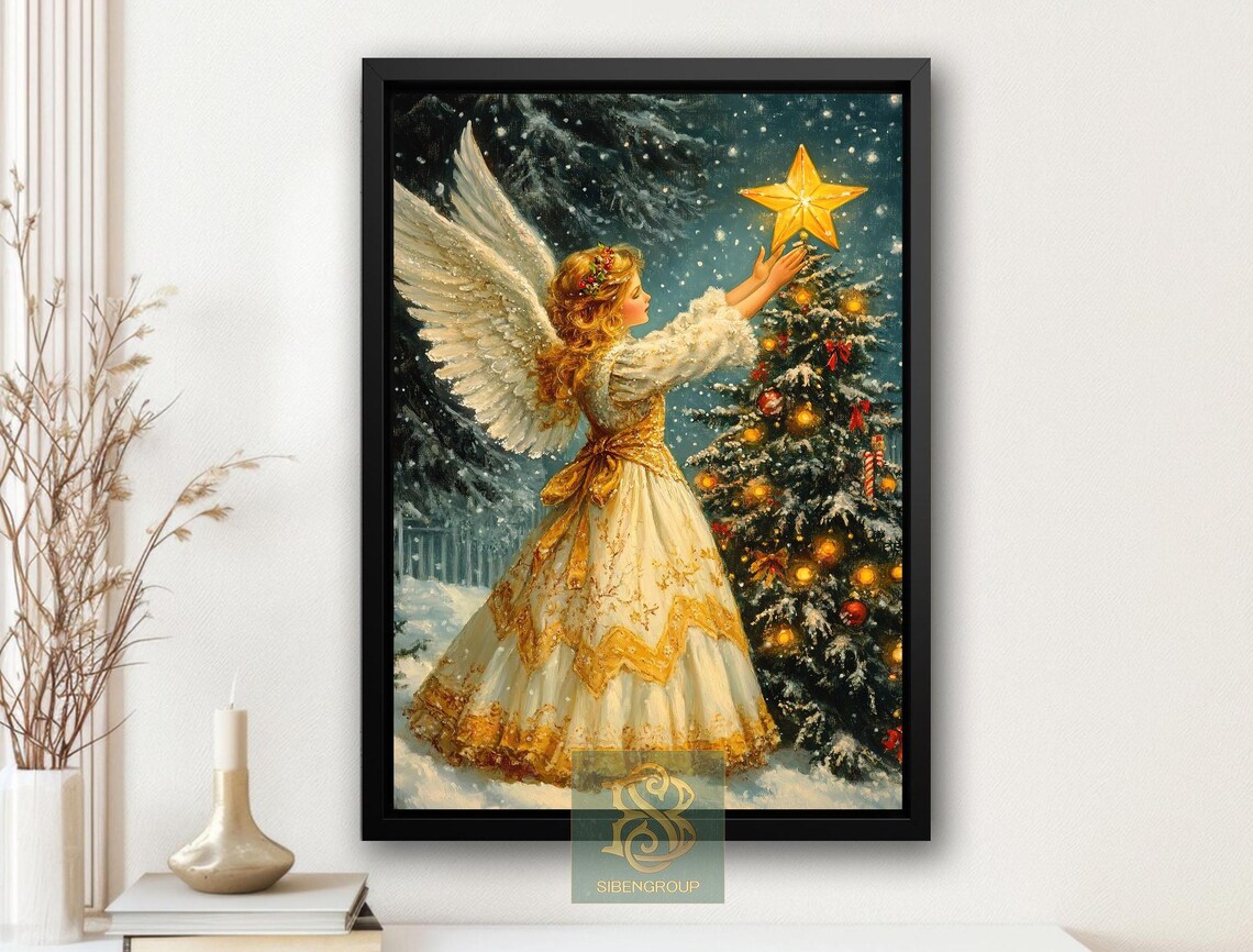 Cottage Christmas Angel, Celestial Wall Art Print