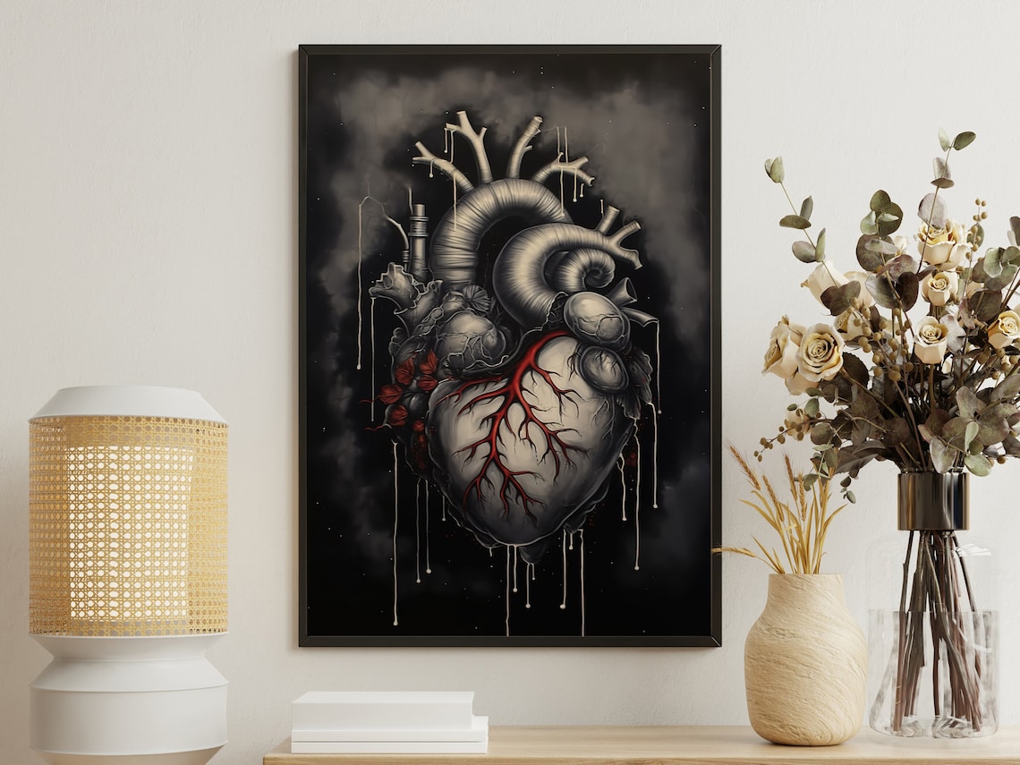 Detailed Anatomical Human Heart Dripping Black Red Gothic Art Poster