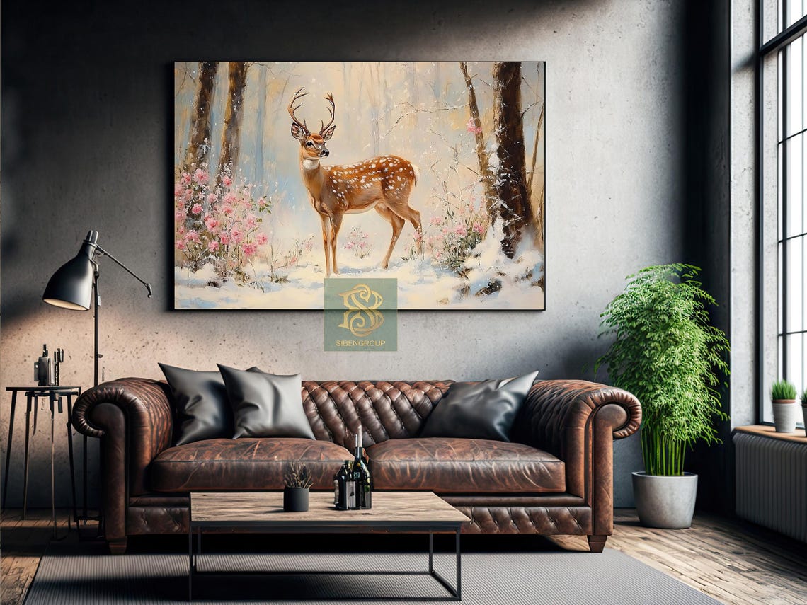 Spotted Deer in Snowy Forest With Pink Blossoms Winter Art Print - Image 3
