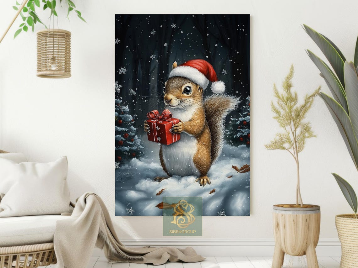 Cute Snowy Squirrel Painting Cottage Winter Squirrel Rustic Winter Poster Winter Wall Art Christmas Decor - Image 2