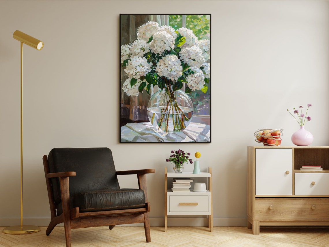 White Hydrangea Blooms Glass Vase Sunlit Window Floral Art Poster - Image 2