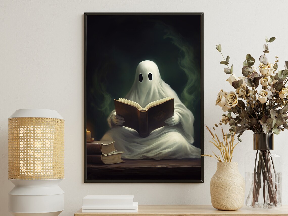 Cute Ghost Reading Old Book By Candlelight Vintage Spooky Halloween Night Print