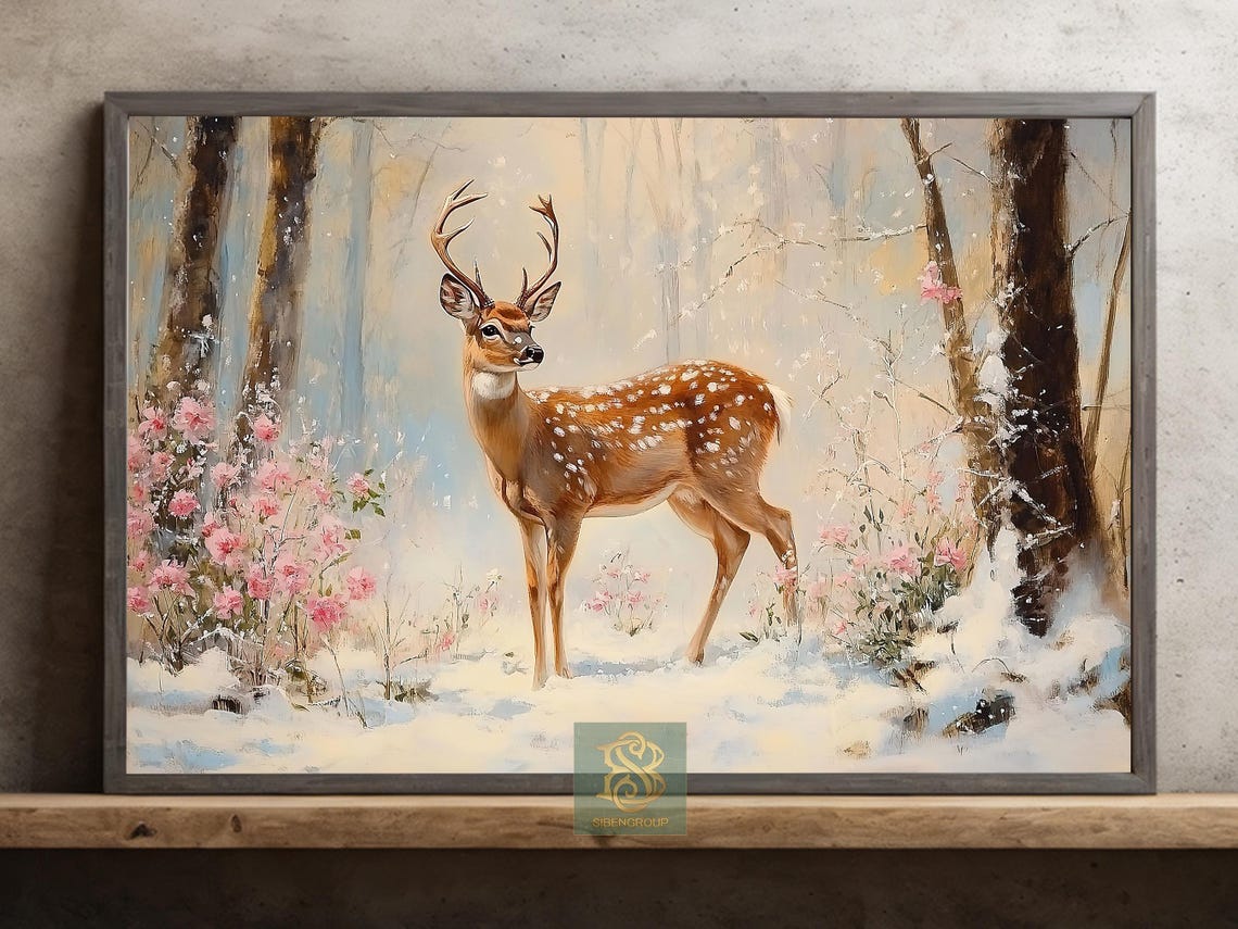 Spotted Deer in Snowy Forest With Pink Blossoms Winter Art Print