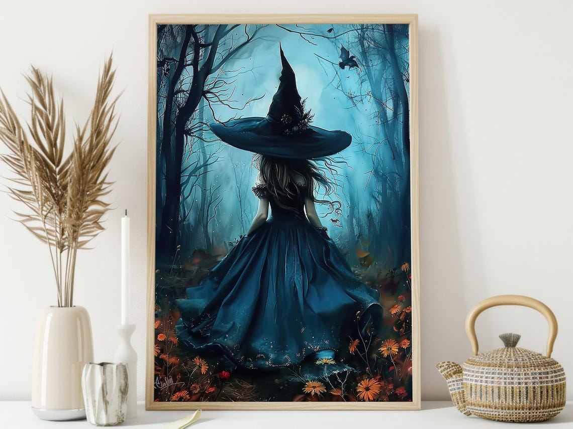 Young Witch in Blue Gown Walking into Misty Moonlit Forest Art Poster - Image 3