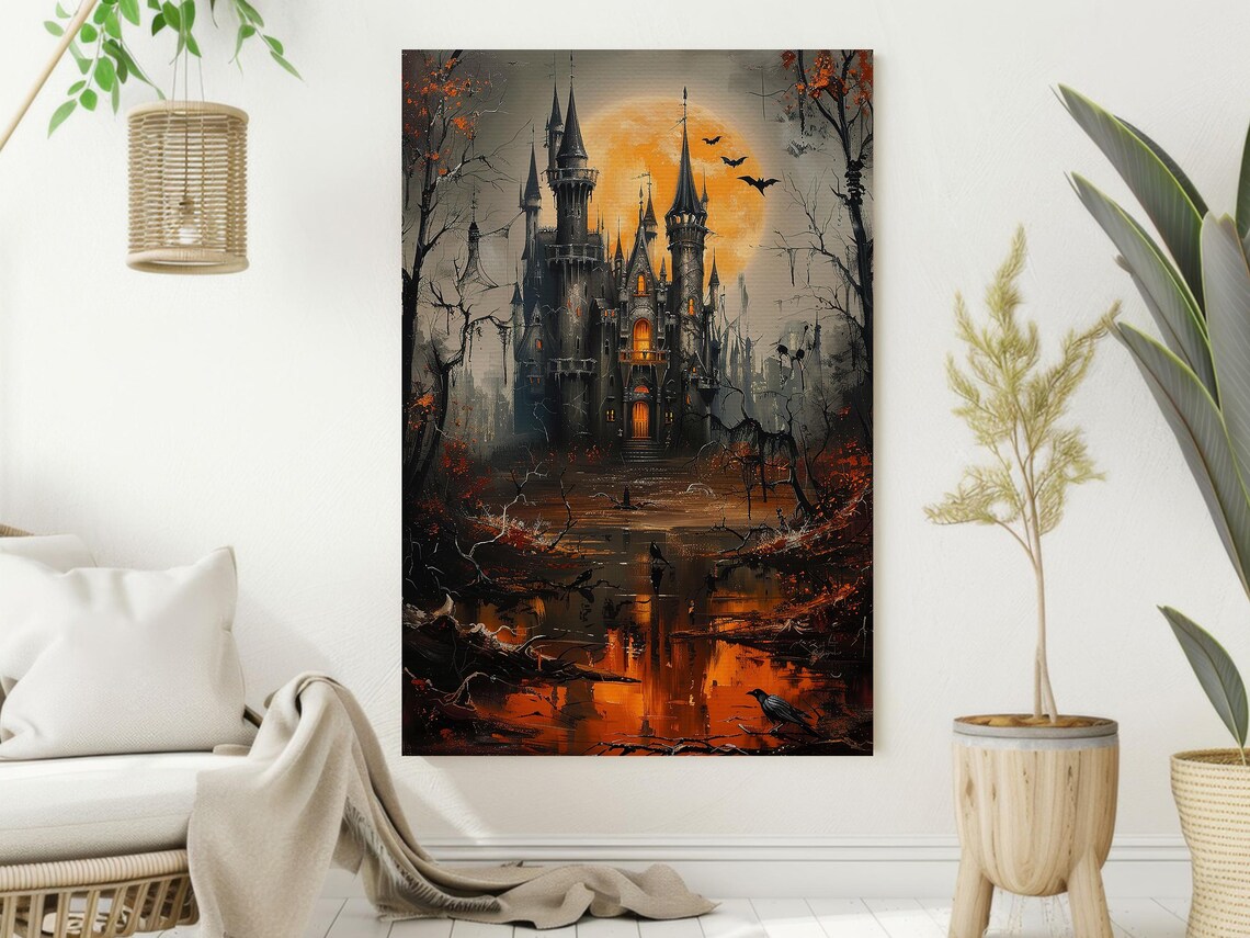 Dark Gothic Castle Under Orange Full Moon Bats and Crows Halloween Poster - Image 2