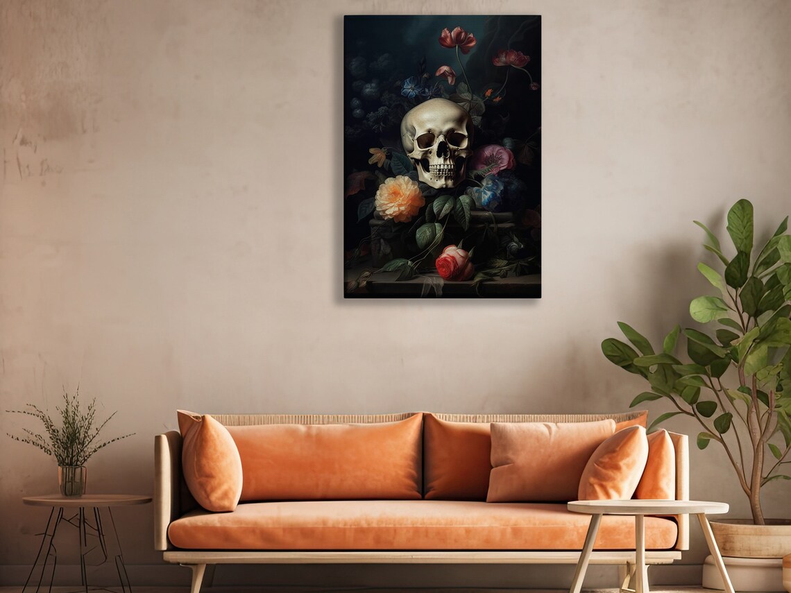 Vanitas Skull With Peonies Roses Dark Floral Vintage Baroque Still Life Poster - Image 3