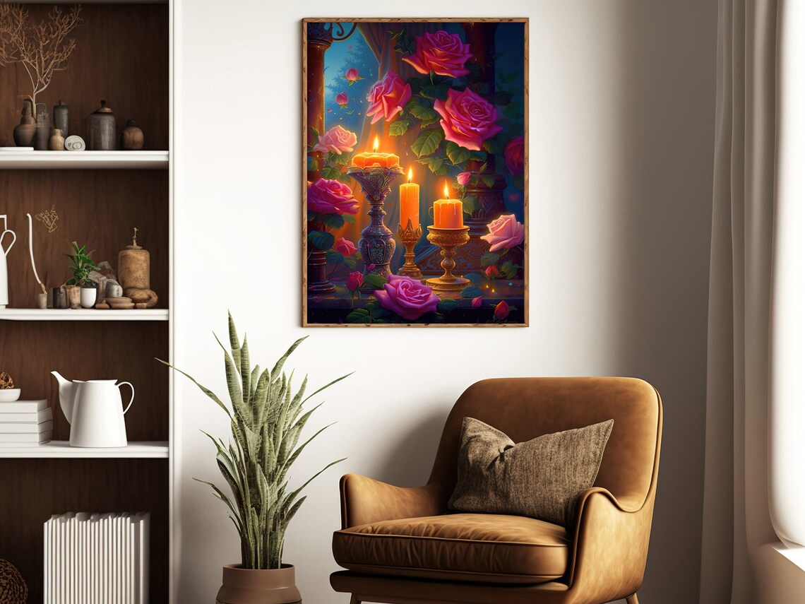 Lit Candles Red Roses Night Garden Glowing Romantic Still Life Art Poster - Image 3