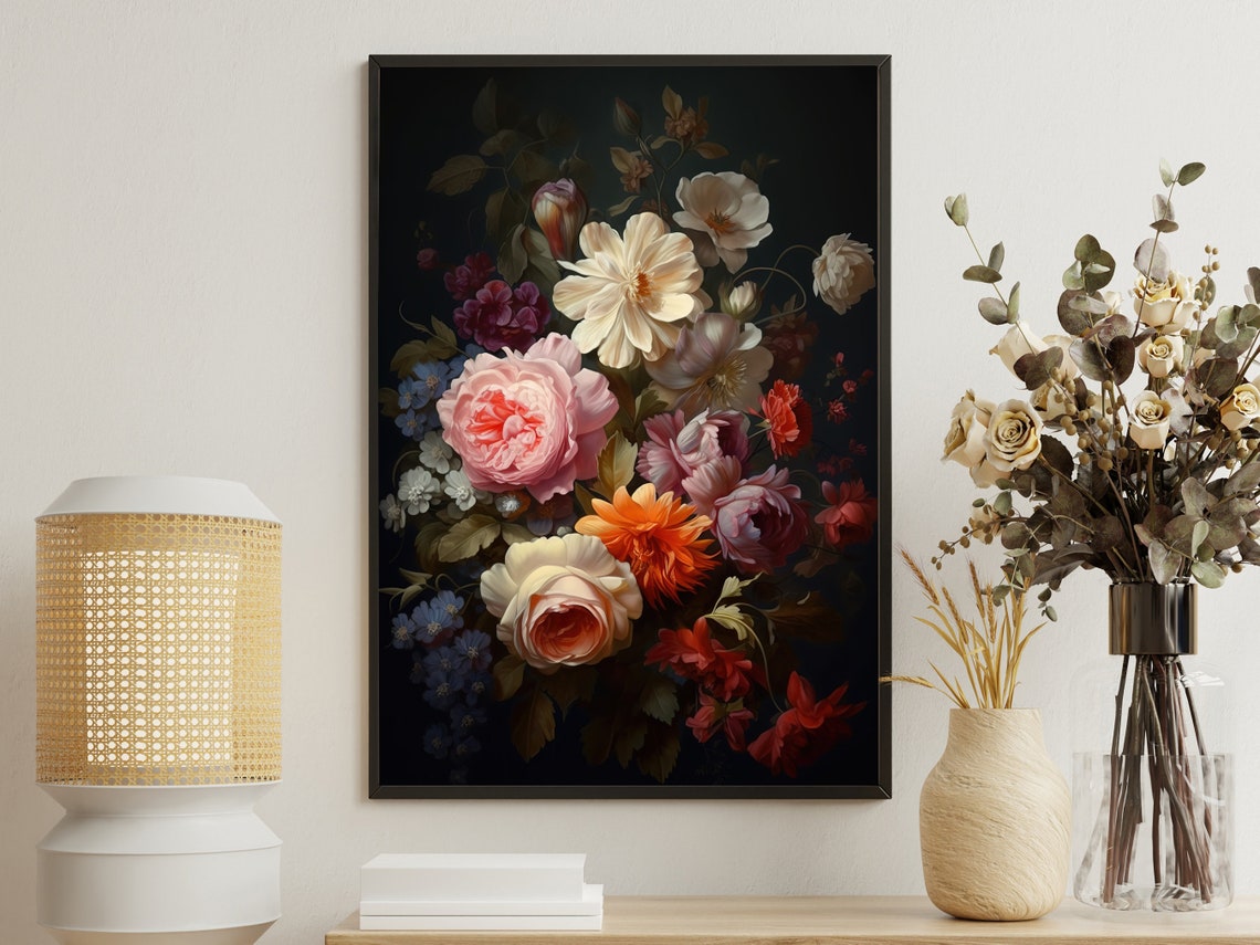 Vintage Flowers Still Life Painting Retro Flowers Art Print Cottage Flowers Print Esthetic Flowers Poster Print