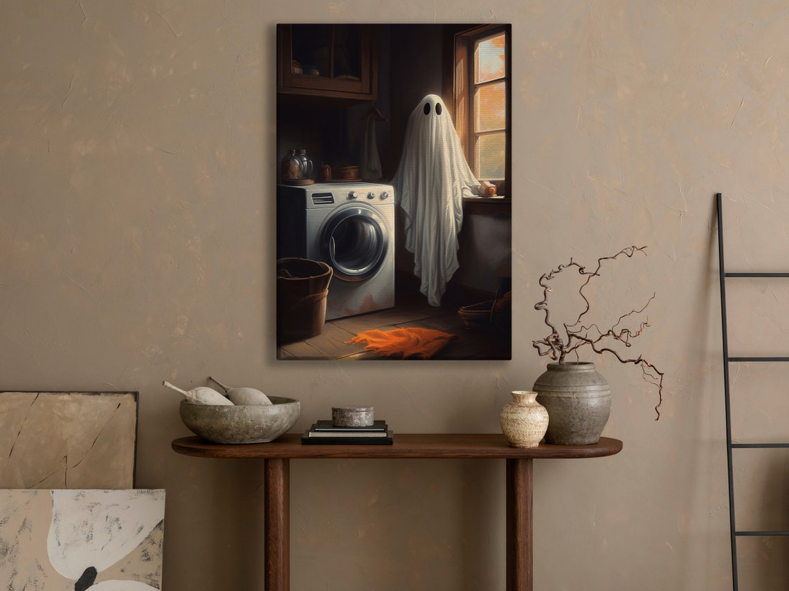 Cheerful Little Ghost Standing By The Washing Machine At Home Poster - Image 3