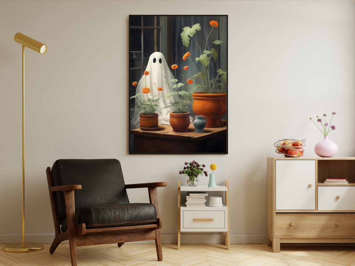 Sweet Little Ghost Peeking Past Potted Marigolds In A Window Poster - Image 2