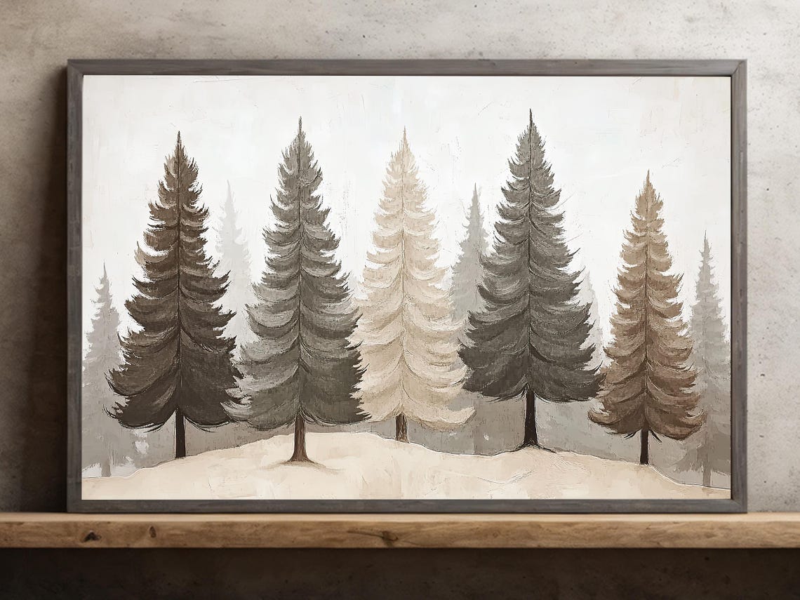 Minimalist Pine Trees Snowy Forest Gray Neutral Winter Wall Art