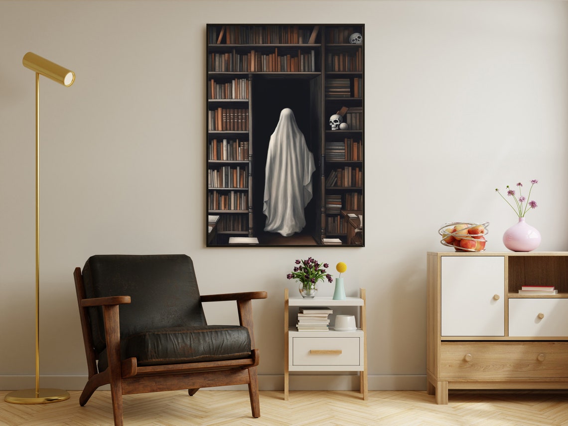 Ghost In Dark Academia Library Secret Door Spooky Art Poster - Image 2