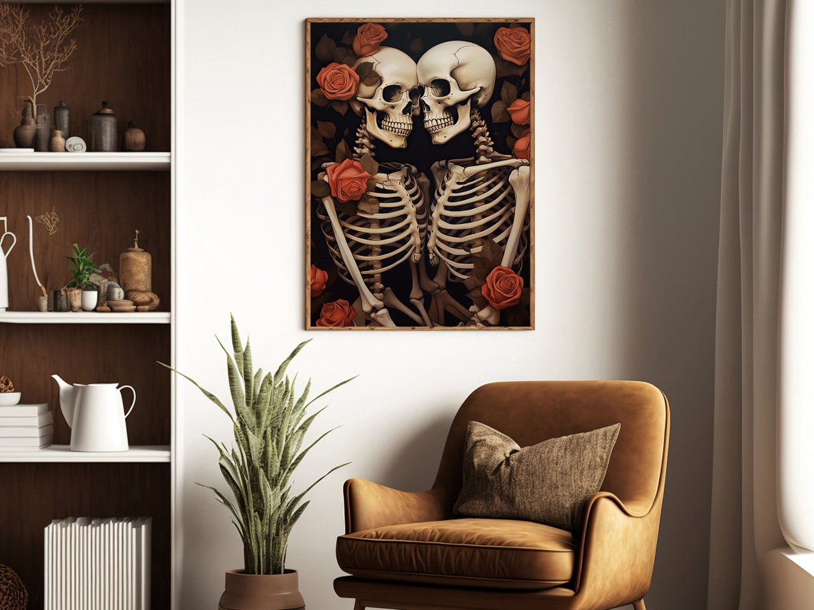 Skeleton Couple Embracing Among Deep Red Roses Gothic Art Print - Image 4