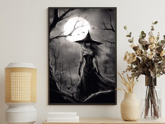 Witchy Woman Full Moon Night Black White Gothic Halloween Art Poster