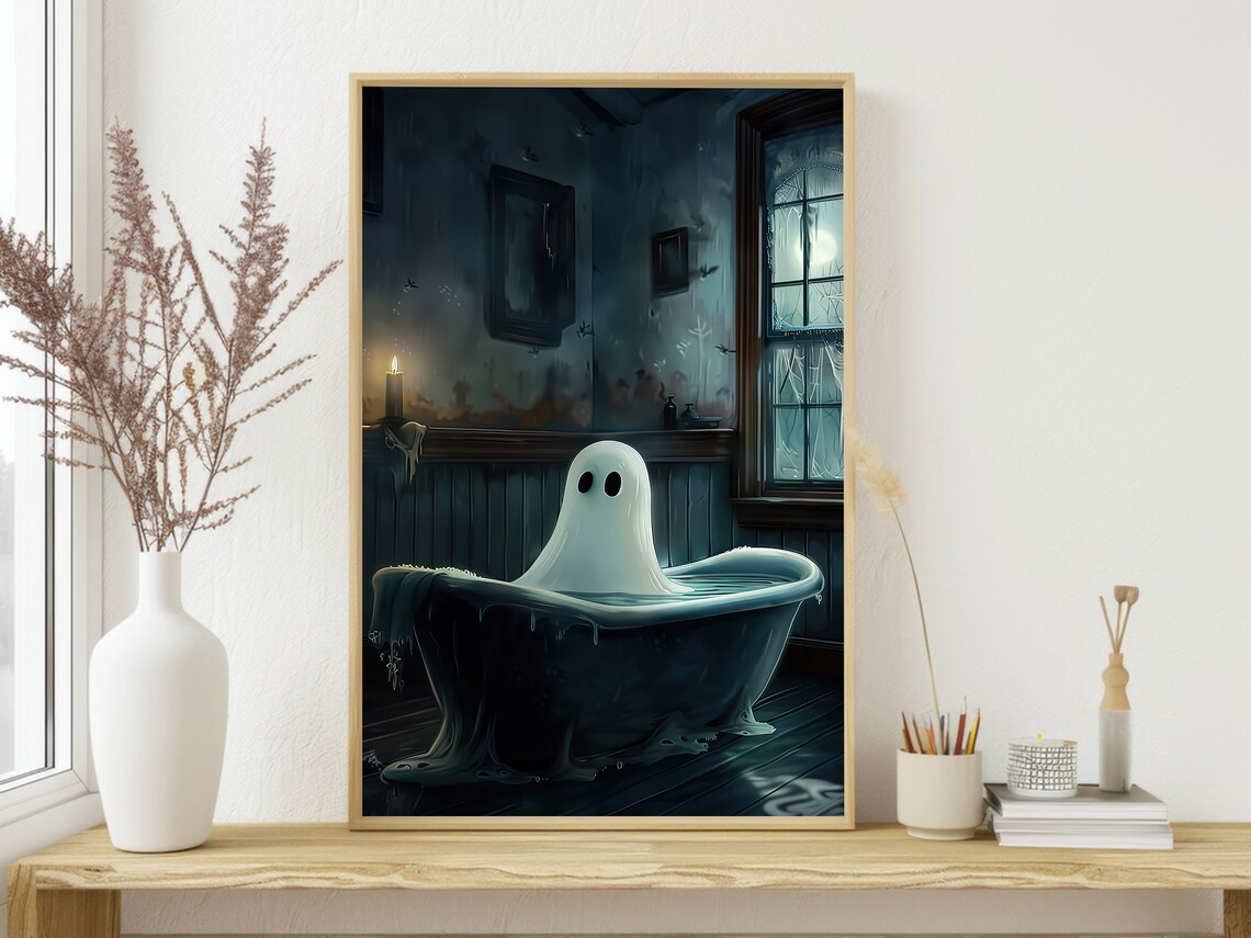 Dark Ghost in Candlelit Bathtub Spooky Vintage Bathroom Halloween Poster - Image 3