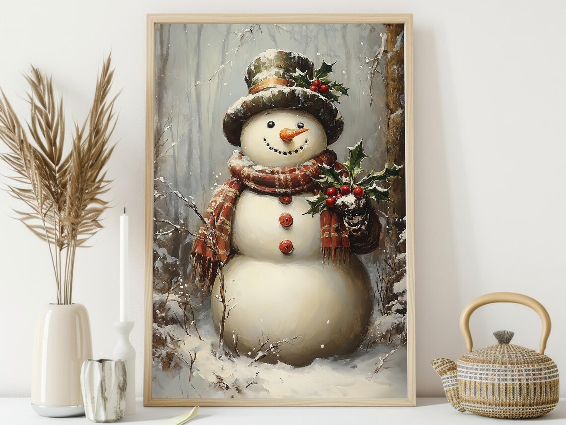 Vintage Snowman Painting, Holiday Winter Art Print - Image 3