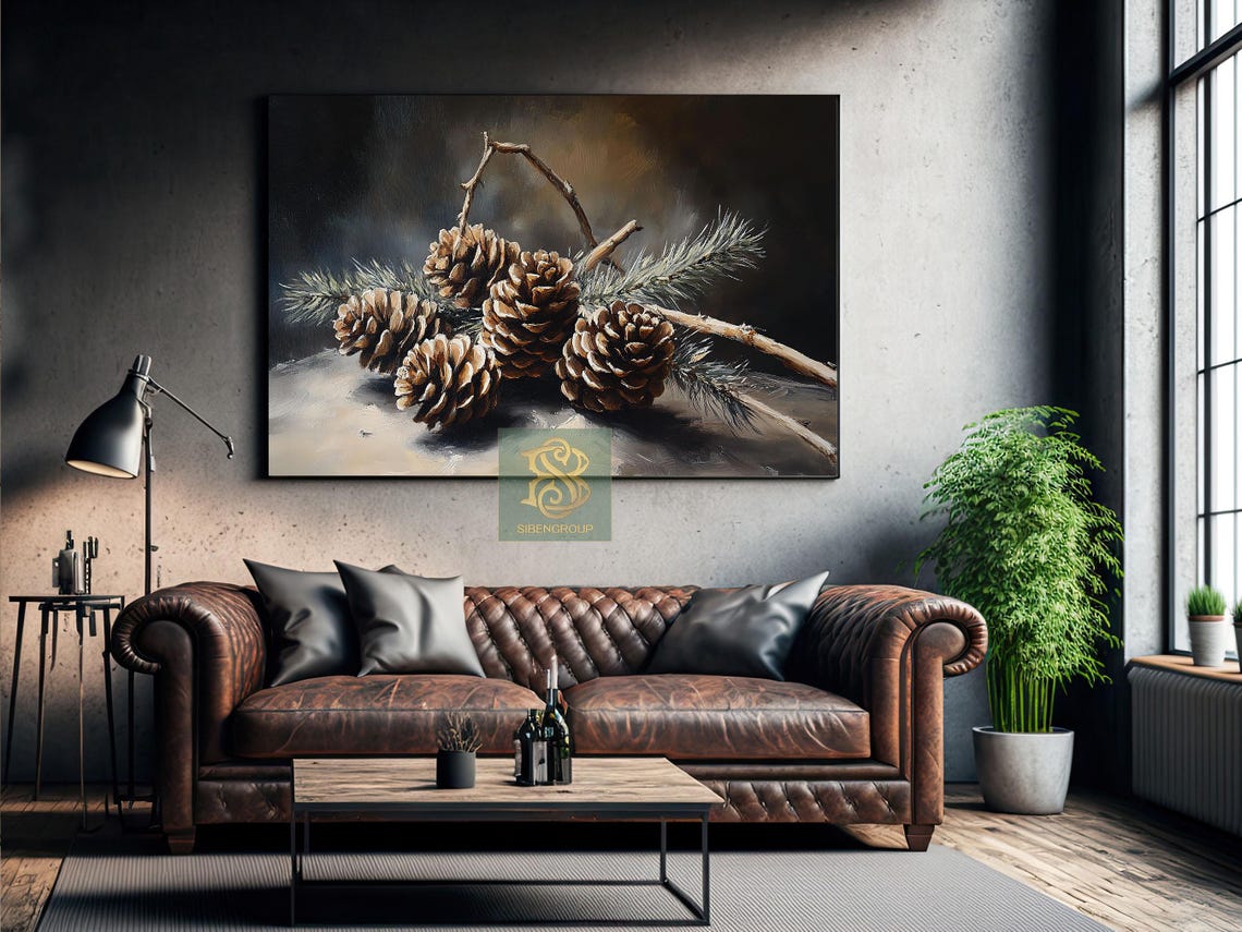 Moody Pinecone and Pine Twig Still Life Dark Oil Painting Poster - Image 3