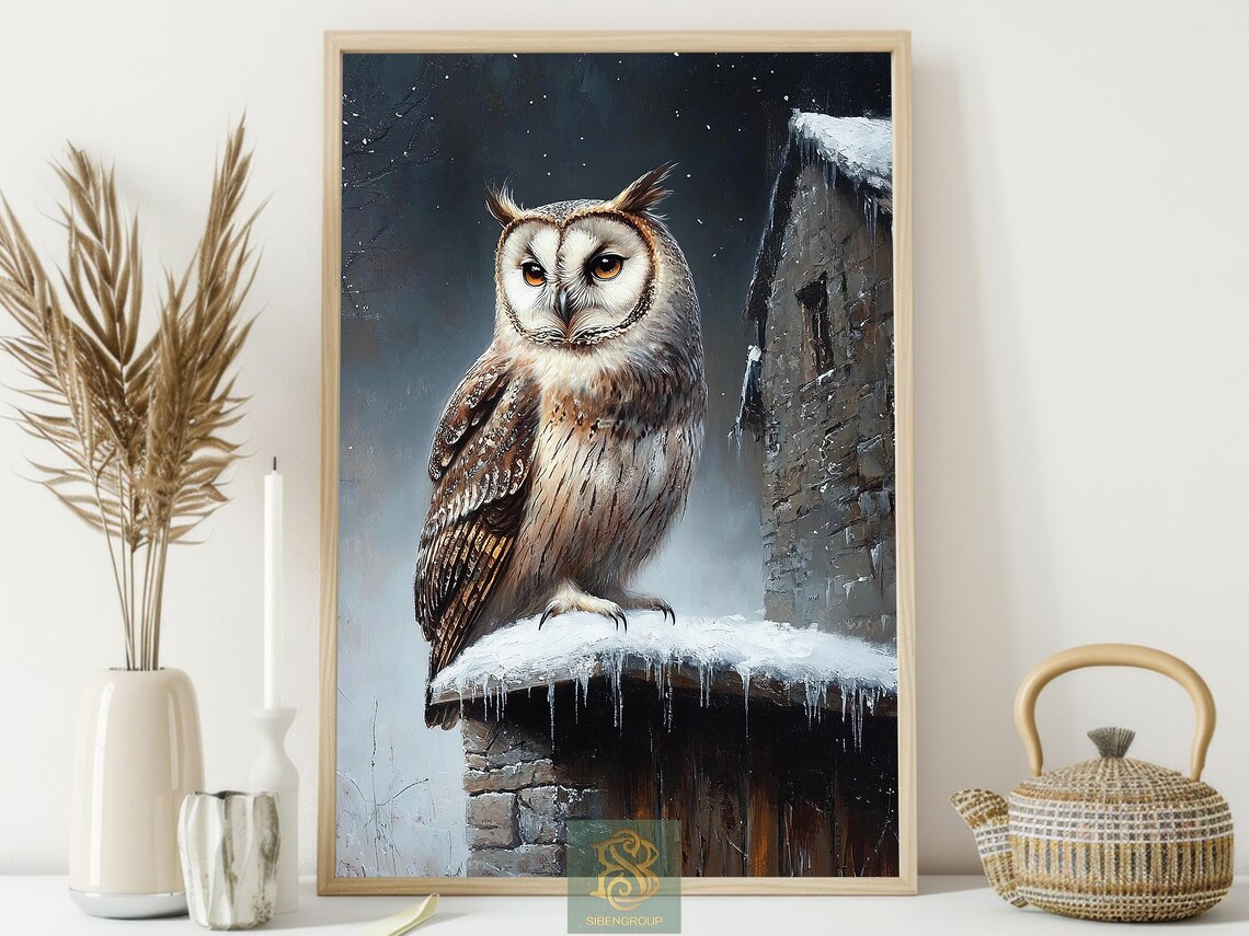 Vintage Barn Owl and Snowy Owl, Rustic Winter Art Print - Image 3