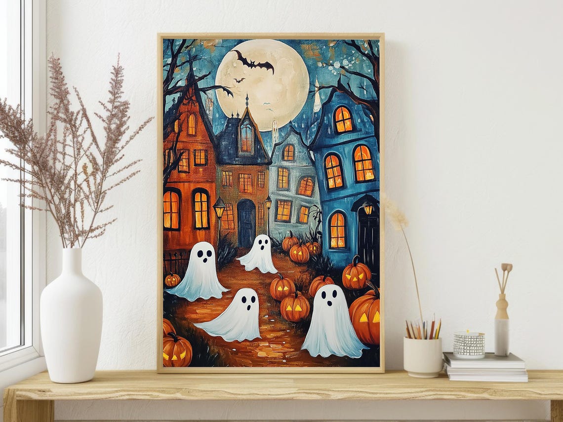 Cute Ghosts On Moonlit Street With Pumpkins Halloween Night Print - Image 4
