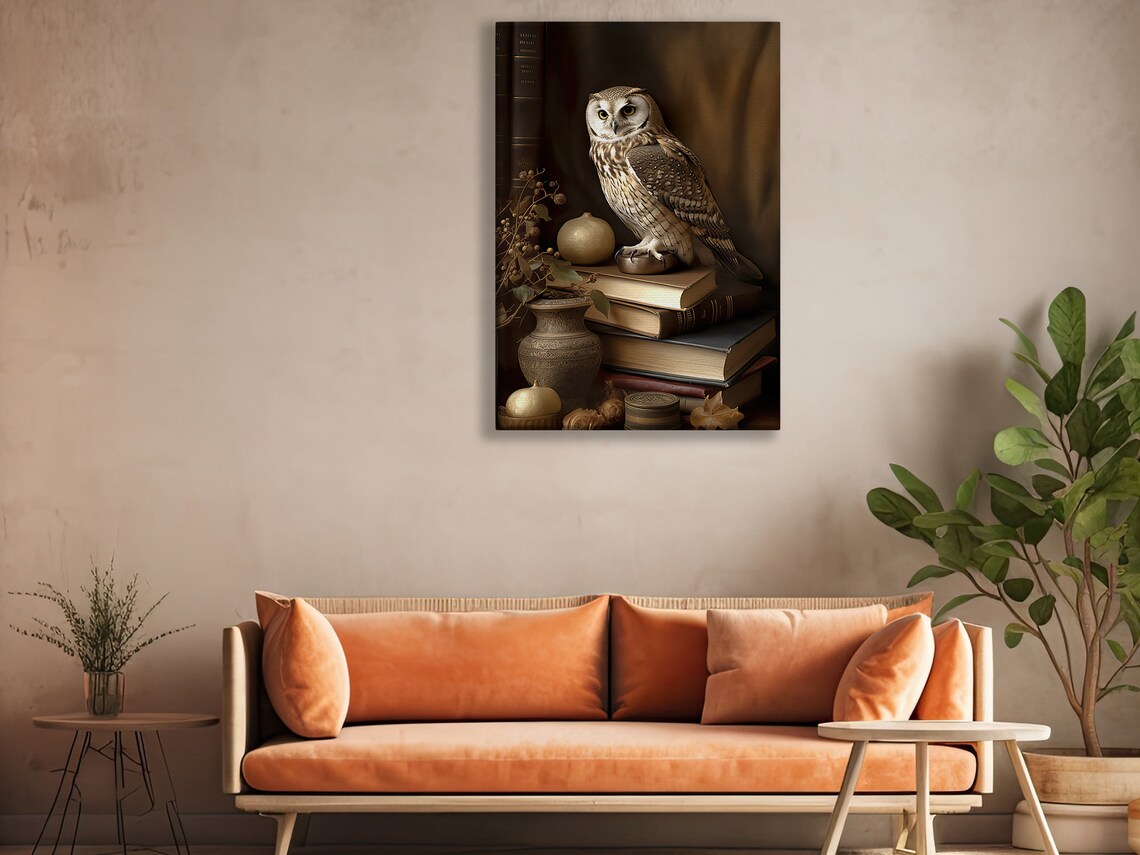 Wise Owl Perched On Vintage Book Stack Dark Academia Library Scholar Wall Art - Image 2