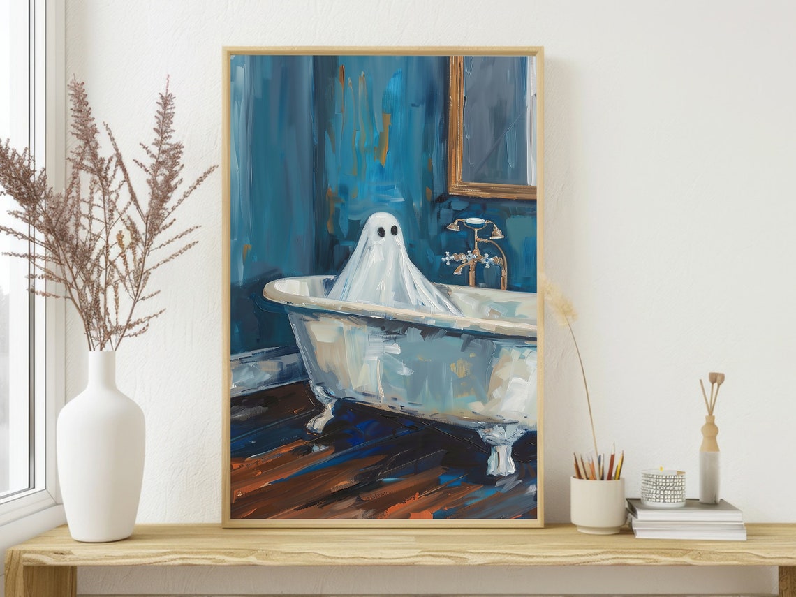 Cute Ghost In Vintage Clawfoot Bathtub Blue Bathroom Art Poster - Image 4