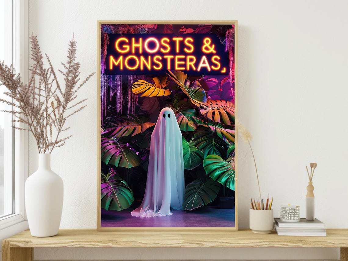 Ghosts and Monsteras Neon Sign Tropical Leaves Halloween Art Poster - Image 3