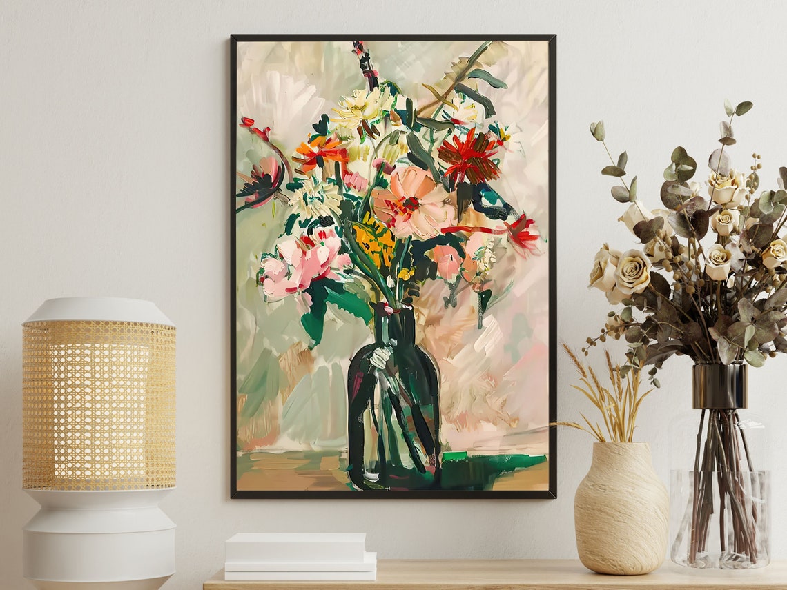 Loose Painterly Floral Bouquet In Dark Green Bottle Vase Art Print